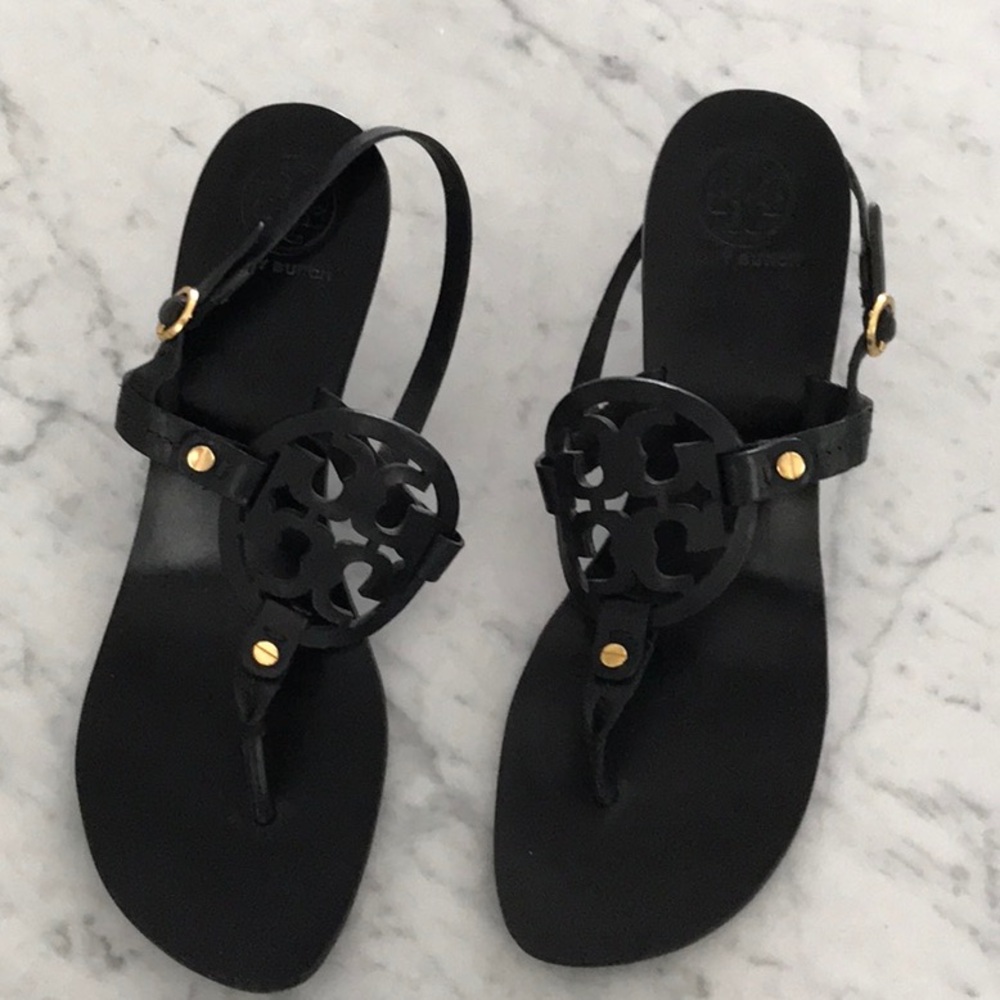 Tory Burch Black Leather Logo Thong Sandals with Gold Accents